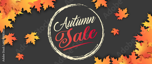 Abstract Vector Illustration. Autumn Sale Background with Falling.  Background layout decorate with red, yellow leaves for shop