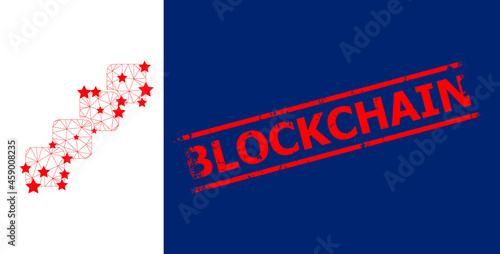 Mesh blockchain polygonal icon vector illustration, and red BLOCKCHAIN unclean badge. Model is based on blockchain flat icon, with stars and polygonal net. BLOCKCHAIN phrase is between parallel lines.