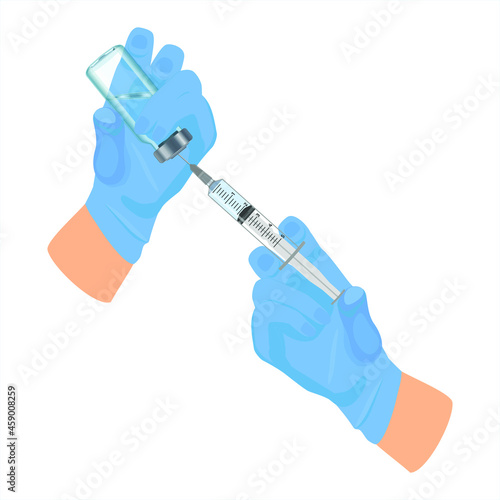 A blue-gloved medical nurse draws an ampoule into a syringe. Medical vaccination against coronavirus flu concept. Injection bottle for medical glass vials.