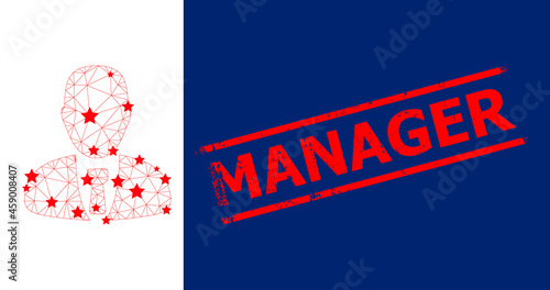 Mesh manager polygonal icon vector illustration, and red MANAGER rough stamp print. Carcass model is created from manager flat icon, with stars and polygonal mesh.