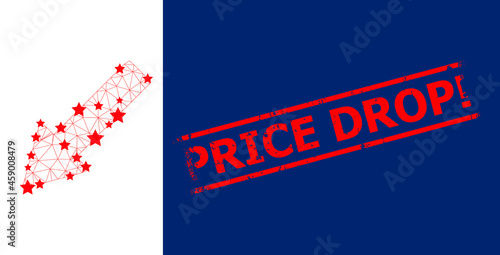 Mesh left down arrow polygonal icon vector illustration, and red PRICE DROP! grunge stamp. Carcass model is created from left down arrow flat icon, with stars and polygonal mesh.