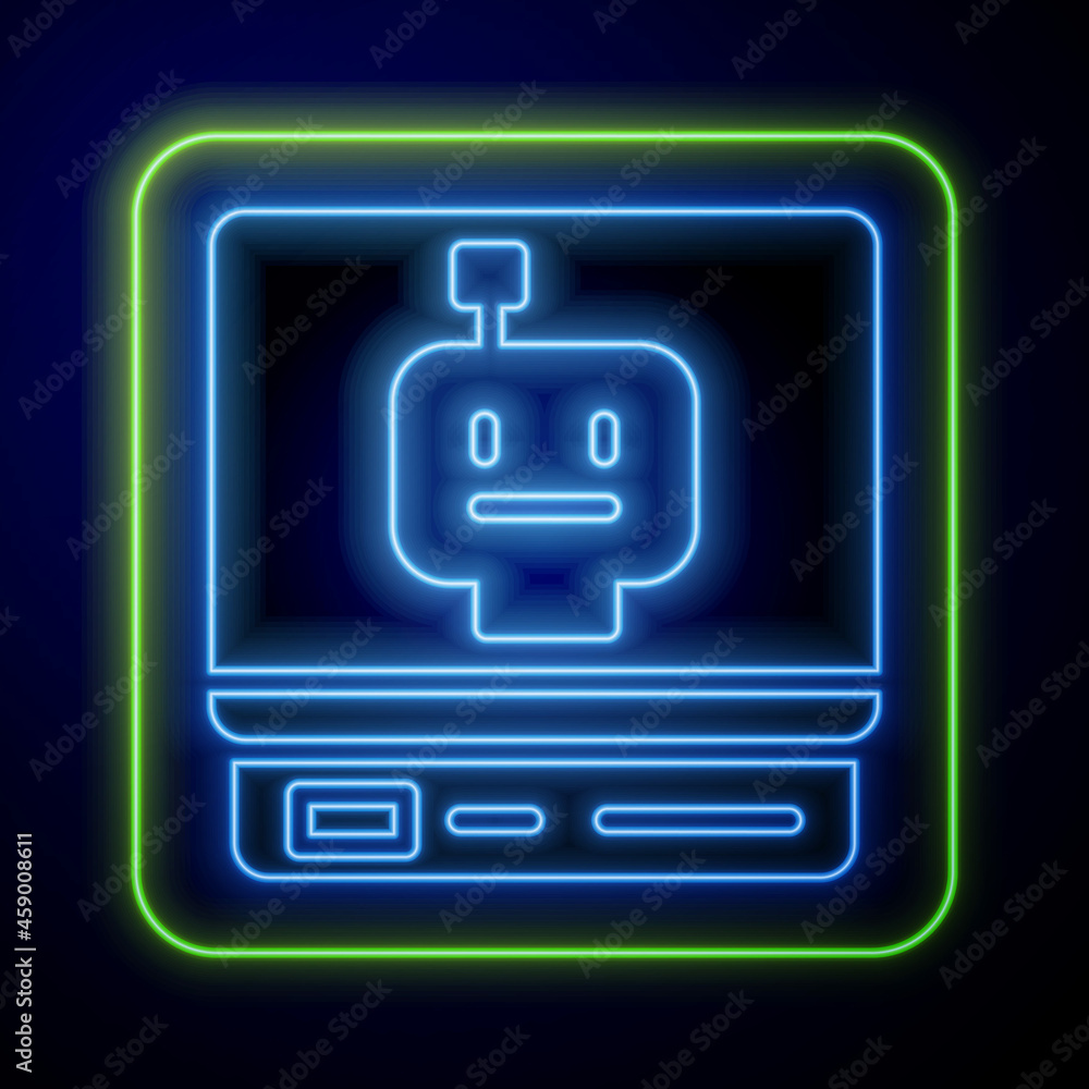 Glowing neon Robot icon isolated on blue background. Artificial intelligence, machine learning, cloud computing. Vector Glowing neon Robot icon isolated on blue background. Artificial intelligence, machine learning, cloud computing. Vector
