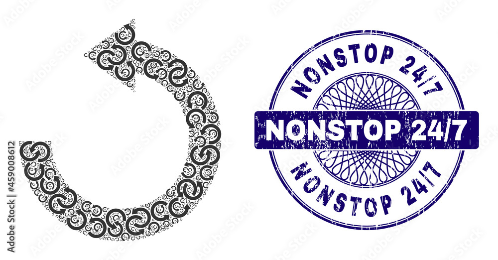 Recursion mosaic rotate left and Nonstop 24/7 round corroded stamp imitation. Violet stamp seal includes Nonstop 24/7 title inside circle and guilloche ornament.