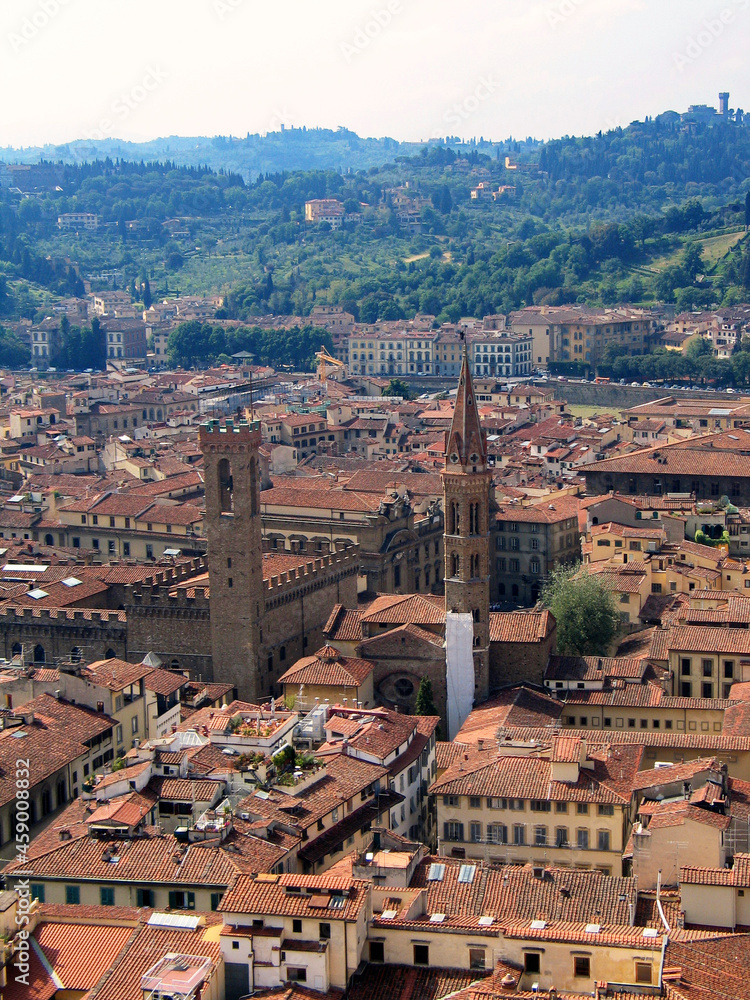 View of Palazzo Bargello tower and Badia Fiorentina abbey steeple, Florence