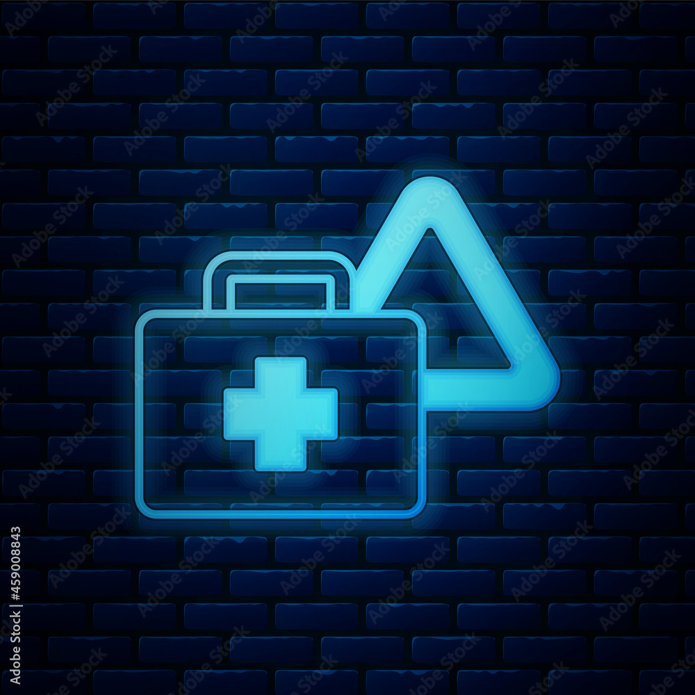 Glowing neon First aid kit and warning triangle icon isolated on brick wall background. Must be in the car. Vector Glowing neon First aid kit and warning triangle icon isolated on brick wall background. Must be in the car. Vector
