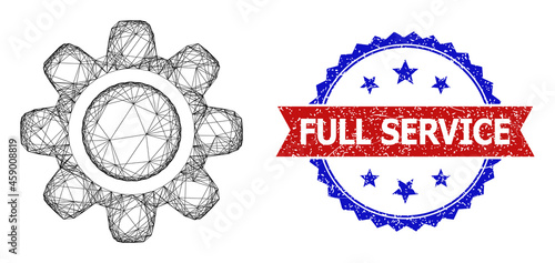 Network gearwheel carcass illustration, and bicolor unclean Full Service watermark. Flat carcass created from gearwheel pictogram and intersected lines. Vector watermark with grunge bicolored style,