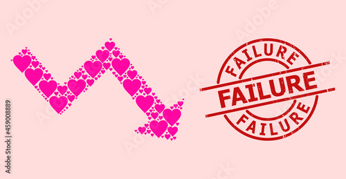 Textured Failure stamp seal, and pink love heart mosaic for recession arrow. Red round stamp seal contains Failure tag inside circle. Recession arrow mosaic is constructed from pink valentine items.