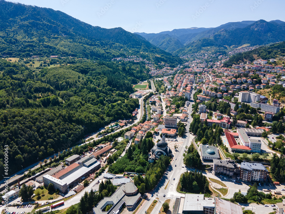 Aerial view of Center of the town of Smolyan, Bulgaria