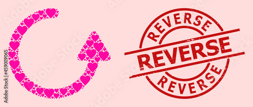 Grunge Reverse stamp seal, and pink love heart mosaic for rotate left arrow. Red round stamp seal has Reverse text inside circle. Rotate left arrow mosaic is created from pink romantic icons. photo