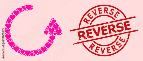 Grunge Reverse stamp seal, and pink love heart mosaic for rotate left arrow. Red round stamp seal has Reverse text inside circle. Rotate left arrow mosaic is created from pink romantic icons.