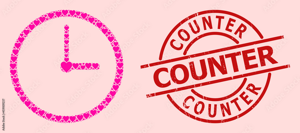 Scratched Counter stamp seal, and pink love heart mosaic for clock. Red round stamp seal has Counter title inside circle. Clock mosaic is designed from pink amour symbols. Scratched Counter stamp seal, and pink love heart mosaic for clock. Red round stamp seal has Counter title inside circle. Clock mosaic is designed from pink amour symbols.