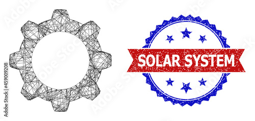 Crossing mesh gearwheel model icon, and bicolor textured Solar System seal. Flat frame created from gearwheel icon and crossing lines. Vector seal with unclean bicolored style,