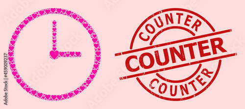Scratched Counter stamp seal, and pink love heart mosaic for clock. Red round stamp seal has Counter title inside circle. Clock mosaic is designed from pink amour symbols.