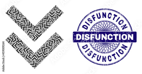 Recursive collage shift down and Disfunction round unclean stamp imitation. Blue seal includes Disfunction tag inside circle and guilloche decoration.