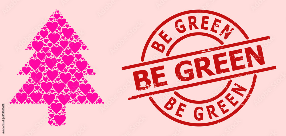Distress Be Green stamp seal, and pink love heart mosaic for fir tree. Red round stamp seal includes Be Green caption inside circle. Fir tree mosaic is formed from pink romantic items. Distress Be Green stamp seal, and pink love heart mosaic for fir tree. Red round stamp seal includes Be Green caption inside circle. Fir tree mosaic is formed from pink romantic items.