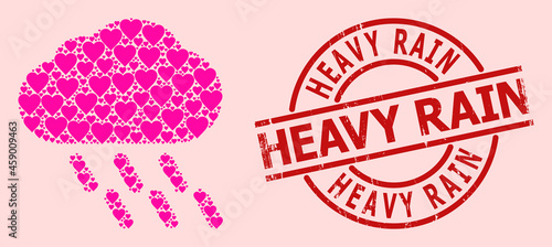 Grunge Heavy Rain stamp seal, and pink love heart mosaic for rain. Red round stamp seal includes Heavy Rain tag inside circle. Rain mosaic is done of pink wedding icons.