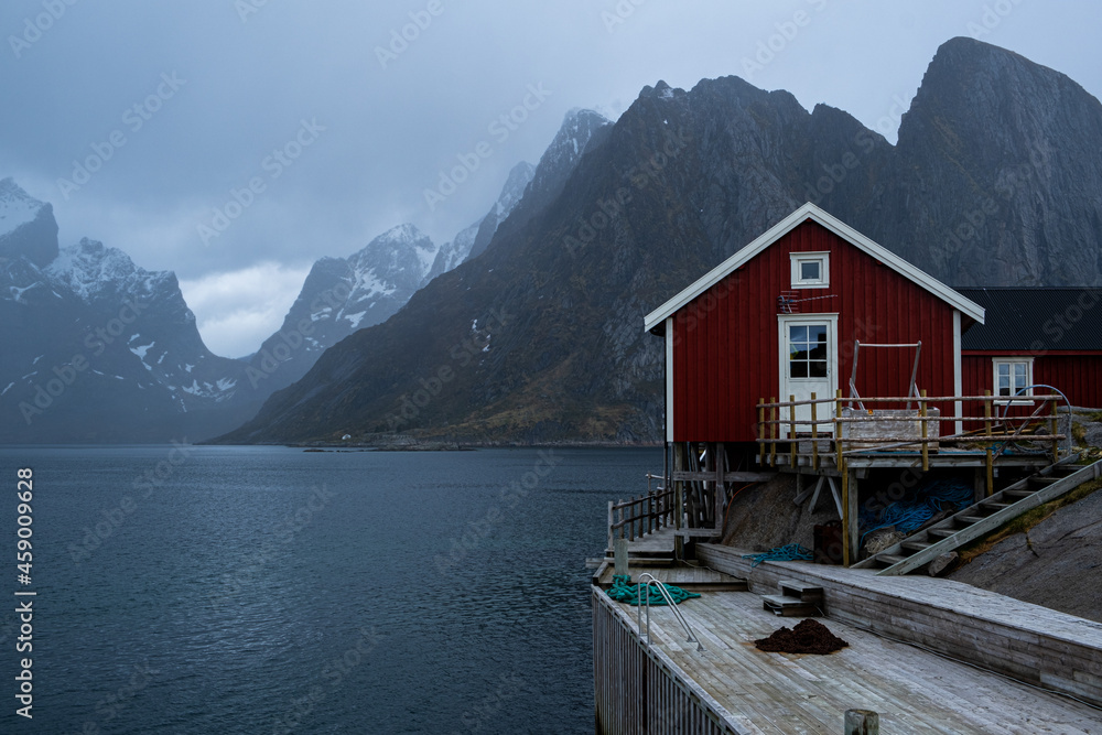 Red house by the sea in Lofoten Islands