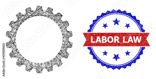 Mesh net cogwheel carcass icon, and bicolor textured Labor Law watermark. Flat framework created from cogwheel pictogram and intersected lines. Vector watermark with distress bicolored style,