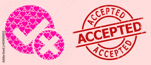Distress Accepted stamp, and pink love heart mosaic for false positive. Red round stamp has Accepted caption inside circle. False positive mosaic is created from pink romantic icons.