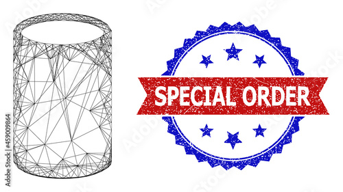 Net cylinder carcass icon, and bicolor scratched Special Order seal stamp. Flat carcass created from cylinder symbol and crossed lines. Vector seal with retro bicolored style,