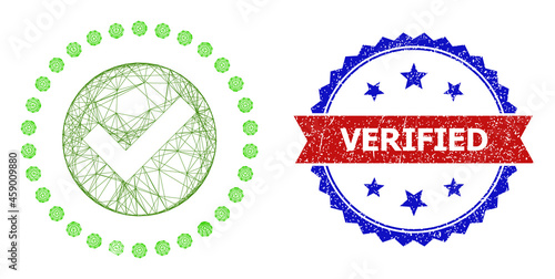Net mesh true area wireframe illustration, and bicolor unclean Verified watermark. Flat carcass created from true area pictogram and crossed lines. Vector watermark with unclean bicolored style,