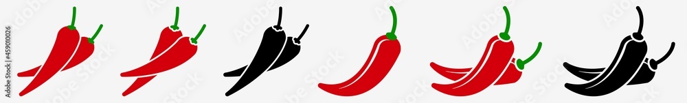 Spicy Chili Pepper Icon Hot Chili Pepper Set | Chili Peppers Icon Spicy Mexican Food Vector Illustration Logo | Red Chili-Pepper Icon Isolated Hot Spicy Chilis Collection - obrazy, fototapety, plakaty 