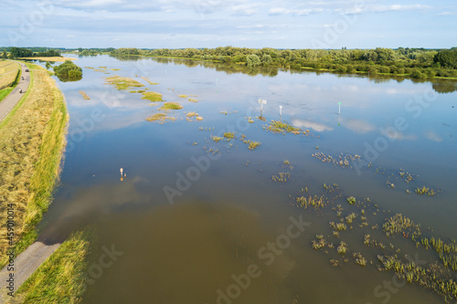 Aerial view of flooded floodplains along river IJssel during high water in summer, Welsumer Waarden, Gelderland and Overijssel, The Netherlands. photo