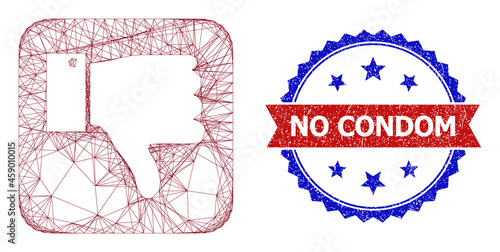 Crossing mesh thumb negative frame illustration, and bicolor textured No Condom stamp. Flat mesh created from thumb negative icon and crossing lines. Vector watermark with grunge bicolored style,