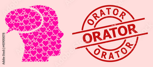 Scratched Orator stamp, and pink love heart mosaic for dream cloud. Red round stamp has Orator tag inside circle. Dream cloud mosaic is done from pink dating items.