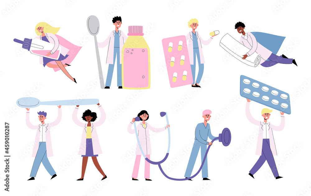 Vector set of tiny doctors holding huge medical preparation.