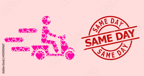 Grunge Same Day stamp seal, and pink love heart collage for fast motorbike. Red round stamp seal contains Same Day text inside circle. Fast motorbike collage is made from pink romantic symbols.