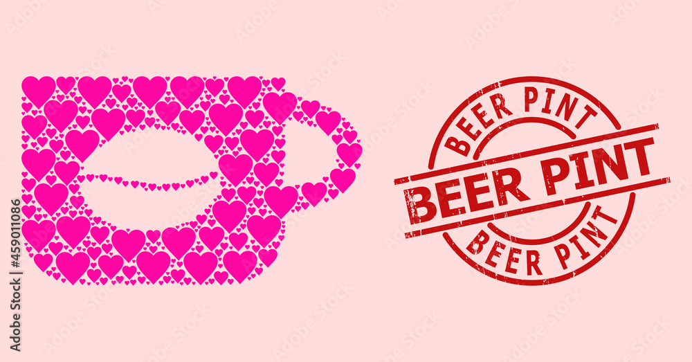 Rubber Beer Pint badge, and pink love heart mosaic for coffee cup. Red round badge includes Beer Pint caption inside circle. Coffee cup collage is created from pink romance elements. Rubber Beer Pint badge, and pink love heart mosaic for coffee cup. Red round badge includes Beer Pint caption inside circle. Coffee cup collage is created from pink romance elements.