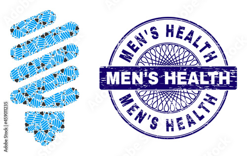 Recursive collage fluorescent bulb and Men'S Health round scratched stamp seal. Violet stamp seal includes Men'S Health text inside circle and guilloche decoration.