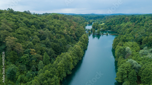 Aerial view of Mreznica river at sunset, Generalski Stol, Karlovac, Croatia.