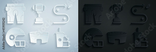 Set Football stadium, Planning strategy concept, American football helmet, ticket and paper glass soda with drinking straw, Award cup and shorts icon. Vector