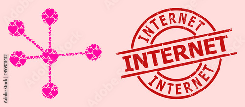 Textured Internet seal, and pink love heart mosaic for node connections. Red round seal includes Internet caption inside circle. Node connections mosaic is constructed with pink valentine icons.