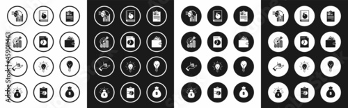 Set Clipboard with resume, Document graph chart, Target coin symbol, Pie infographic, Wallet stacks paper money cash, User manual, Light bulb concept of idea and Money hand icon. Vector