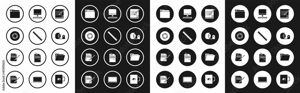 Set Blank notebook and pen, Ruler, Scotch, Document folder, Computer monitor with keyboard, and pencil eraser icon. Vector Set Blank notebook and pen, Ruler, Scotch, Document folder, Computer monitor with keyboard, and pencil eraser icon. Vector