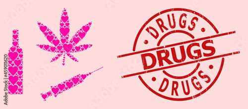 Scratched Drugs seal, and pink love heart collage for narcotic drugs. Red round stamp seal contains Drugs caption inside circle. Narcotic drugs collage is done from pink wedding items.