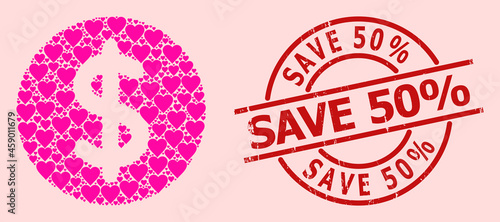 Scratched Save 50% stamp seal, and pink love heart mosaic for dollar price. Red round seal includes Save 50% title inside circle. Dollar price mosaic is designed of pink romantic symbols.