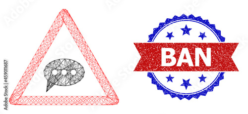 Network chat message danger frame icon, and bicolor rubber Ban stamp. Flat frame created from chat message danger icon and crossing lines. Vector seal with grunge bicolored style,