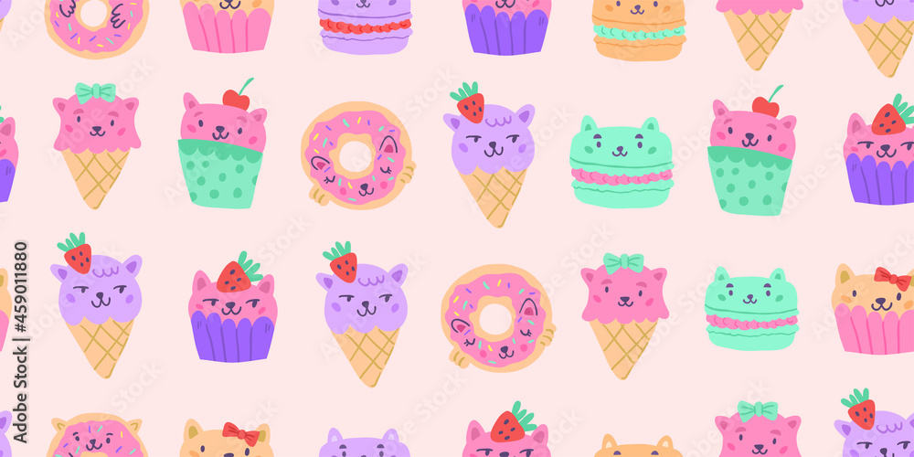 Vector seamless pattern with cat muffins, cupcakes, sweets, candies, macarons, icecreams isolated on pink. Kids doodle illustrations. kids unisex textile design, baby textile design with sweets, cats Vector seamless pattern with cat muffins, cupcakes, sweets, candies, macarons, icecreams isolated on pink. Kids doodle illustrations. kids unisex textile design, baby textile design with sweets, cats