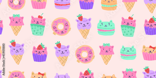 Vector seamless pattern with cat muffins, cupcakes, sweets, candies, macarons, icecreams isolated on pink. Kids doodle illustrations. kids unisex textile design, baby textile design with sweets, cats
