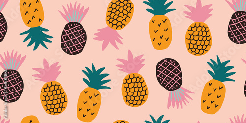 Colorful minimalistic abstract pineapples seamless pattern on orange background. Stylish tropical doodle vector pattern. Kids pattern in scandinavian style