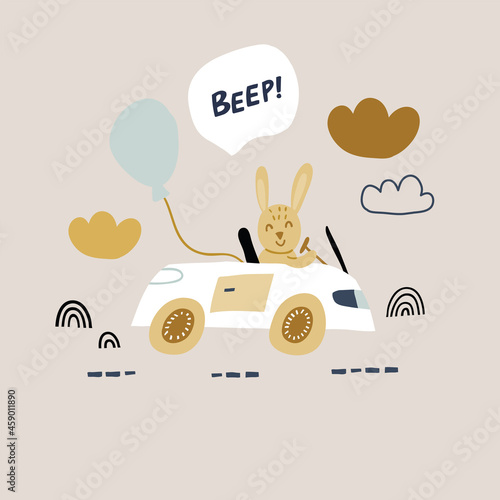 cute vector illustration with rabbit riding a car with balloon with beep sign. Perfect for kids clothing, textile, print. Kids rabbit illustration