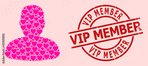 Textured Vip Member stamp seal, and pink love heart pattern for person profile. Red round stamp seal includes Vip Member tag inside circle. Person profile mosaic is designed of pink dating icons.