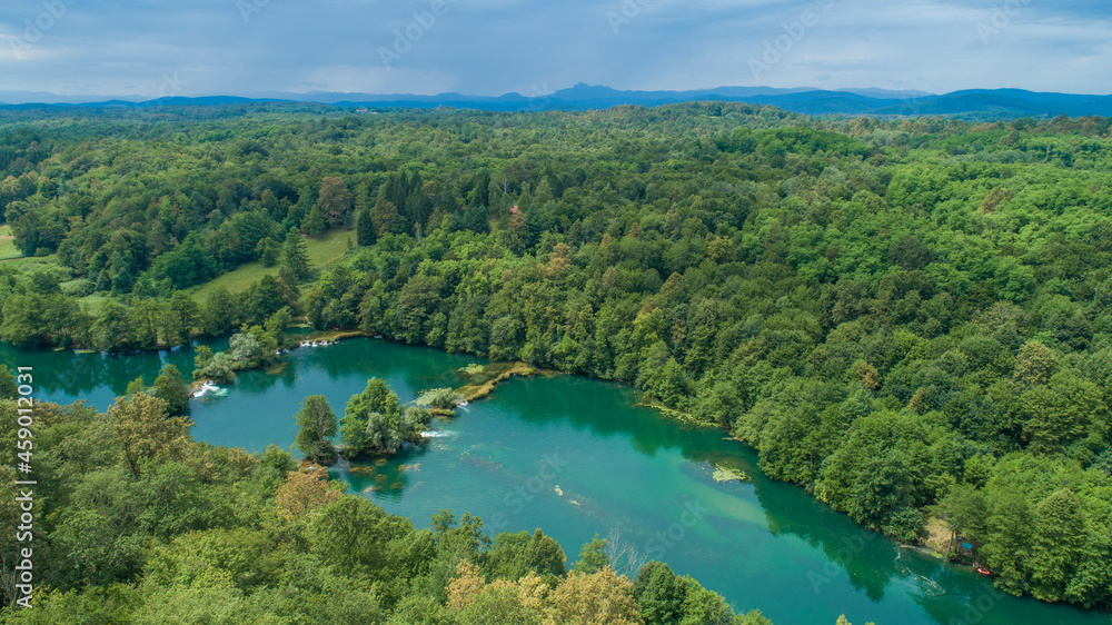 Aerial view of Mreznica river at sunset, Generalski Stol, Karlovac, Croatia. Aerial view of Mreznica river at sunset, Generalski Stol, Karlovac, Croatia.
