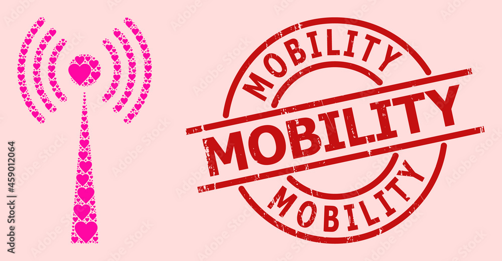 Distress Mobility stamp, and pink love heart collage for radio tower. Red round stamp contains Mobility tag inside circle. Radio tower collage is organized from pink romance items. Distress Mobility stamp, and pink love heart collage for radio tower. Red round stamp contains Mobility tag inside circle. Radio tower collage is organized from pink romance items.