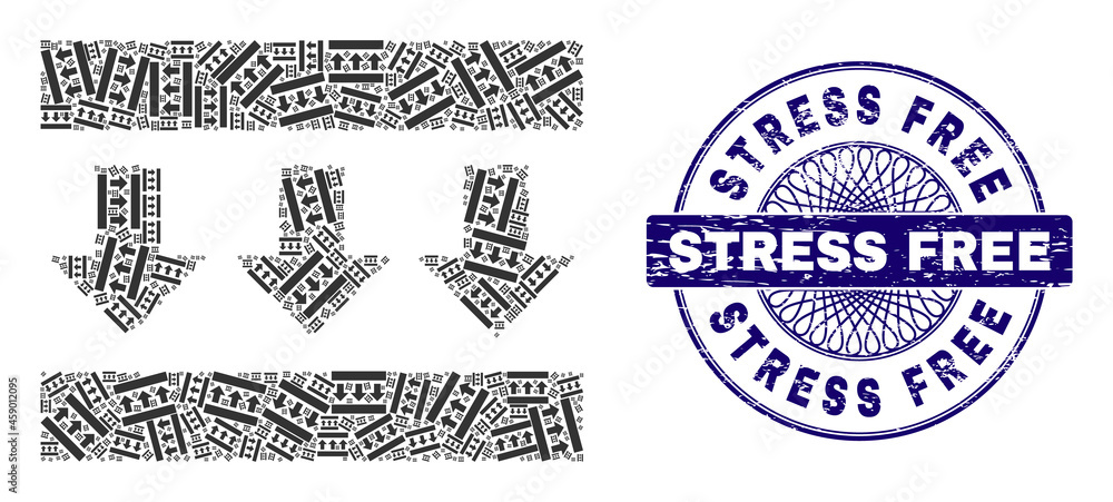Obraz premium Recursive composition pressure down and Stress Free round corroded stamp imitation. Blue stamp includes Stress Free title inside circle and guilloche pattern.