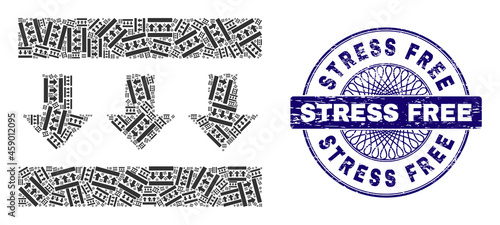 Recursive composition pressure down and Stress Free round corroded stamp imitation. Blue stamp includes Stress Free title inside circle and guilloche pattern.